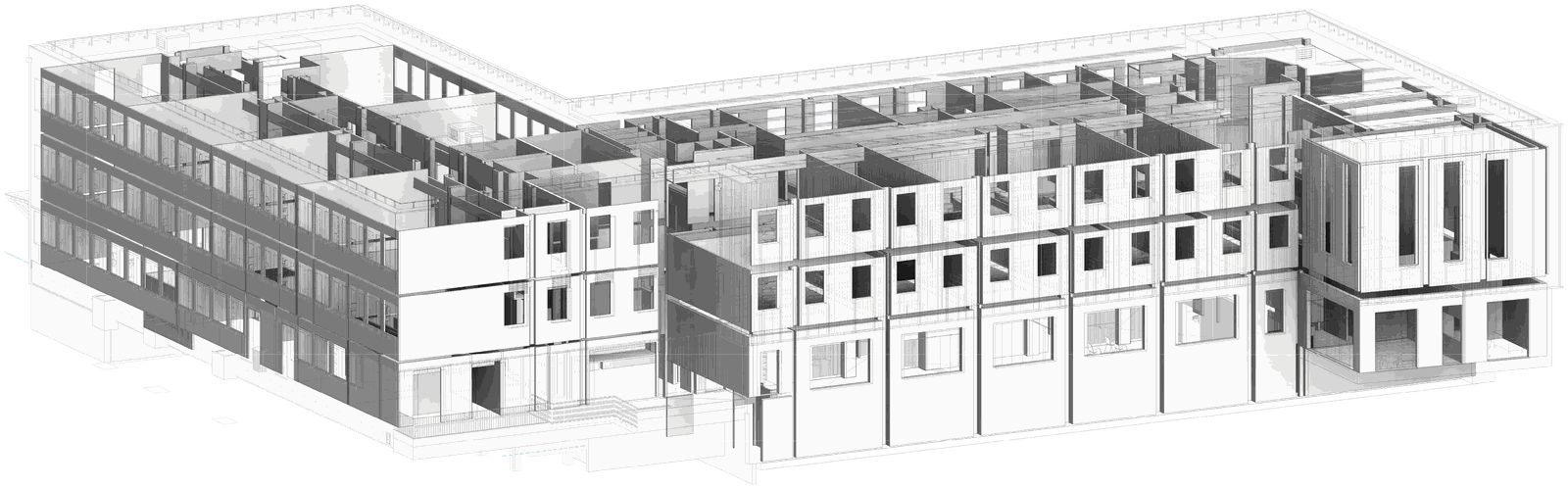 Maquette BIM d'un b&acirc;timent tertiaire mod&eacute;lis&eacute;e par Be 2a